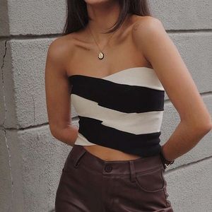 Asymmetrical Patchwork Zipper Up Black and White Tube Top